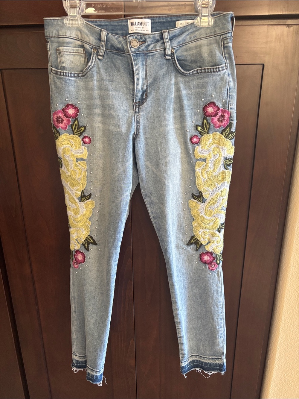 William Rast Light Wash Skinny Jeans with Yellow & Pink Floral Appliqué